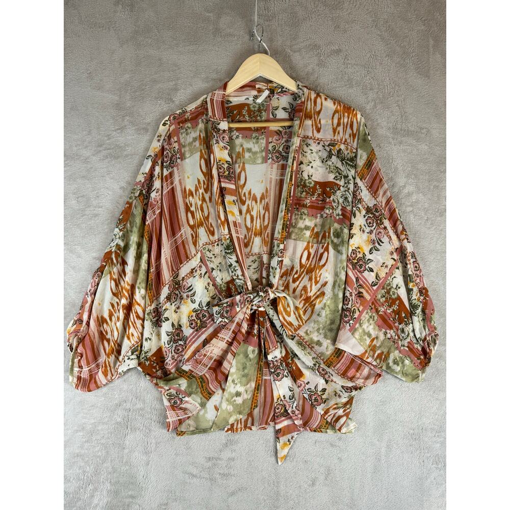 Versona Large Oversized Pink Multi Floral Open Tie Front Blouse Kimono Blouse